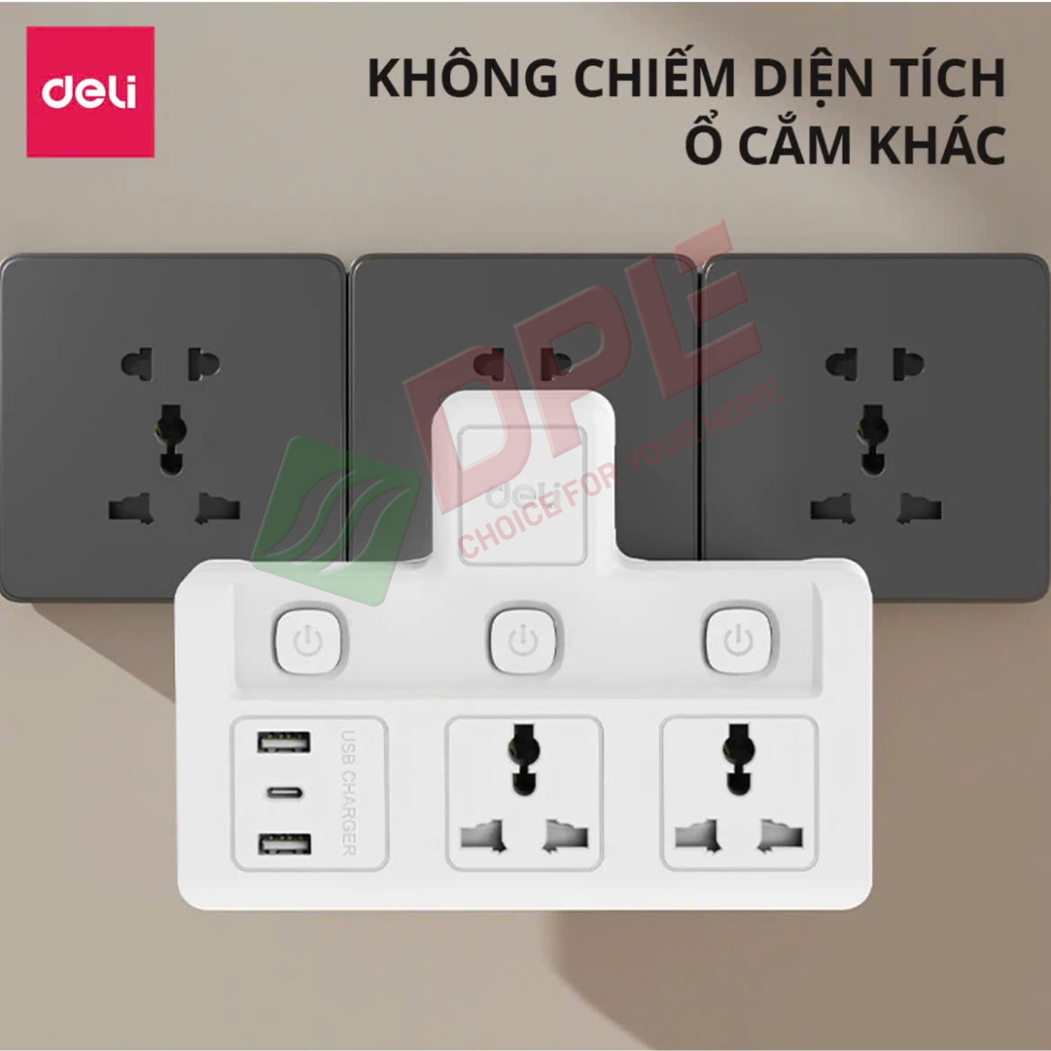 &Ocirc; cắm điện chữ T 3 c&ocirc;ng tắc 1 nguồn