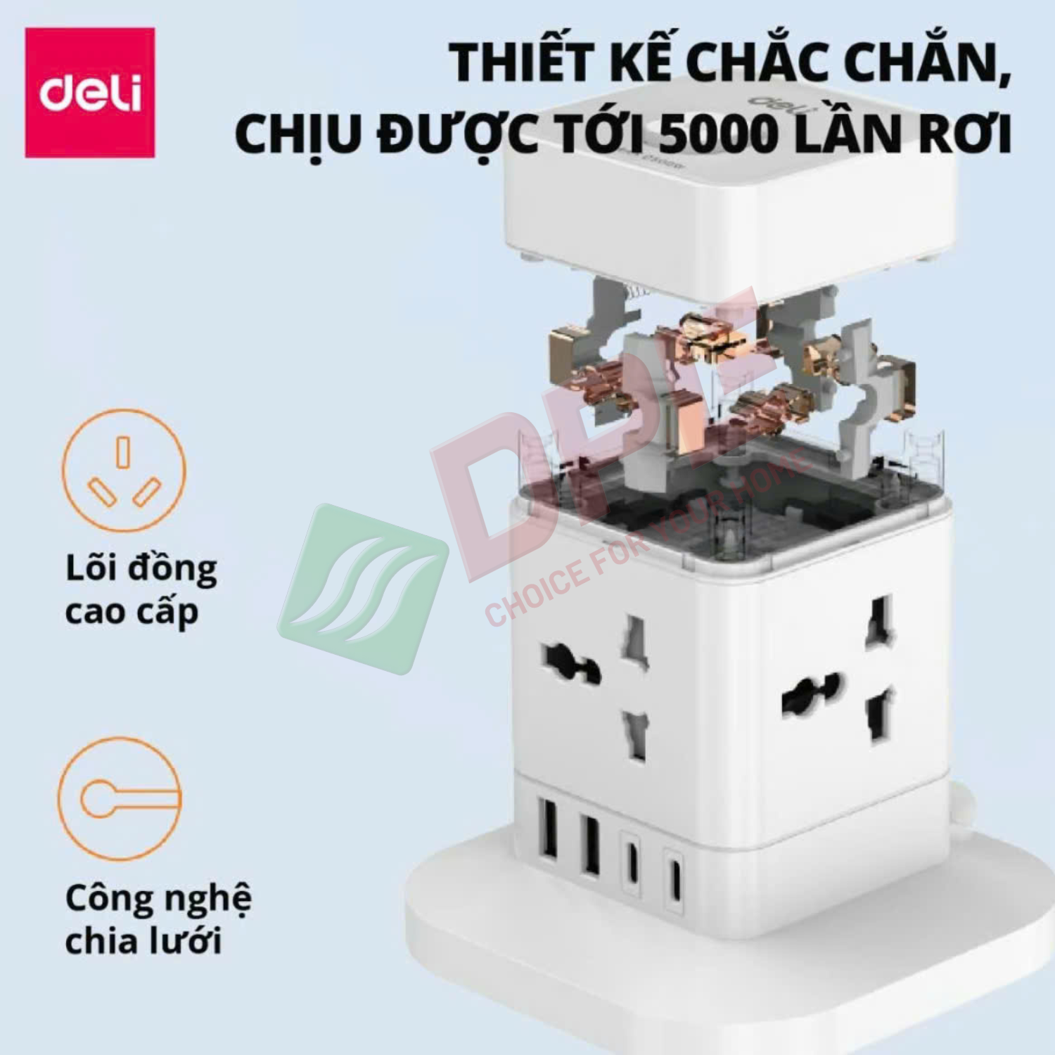 Ổ cắm trụ lập phương 4 c&ocirc;ng tắc 1 nguồn 2 USB 1 TypeC d&acirc;y 1,6m - M&agrave;u Trắng