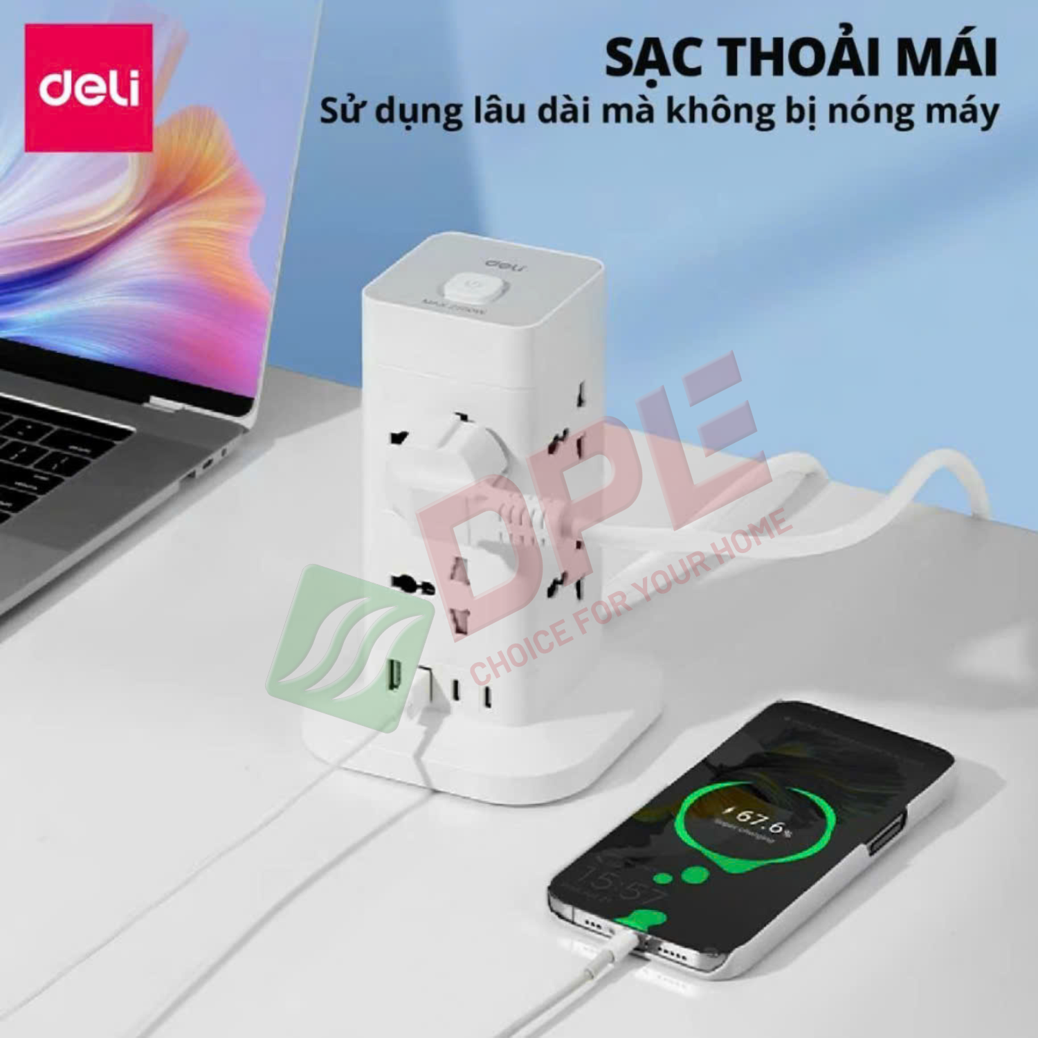 Ổ cắm trụ lập phương 8 c&ocirc;ng tắc 1 nguồn 2 USB 2 TypeC d&acirc;y 3m - M&agrave;u Trắng