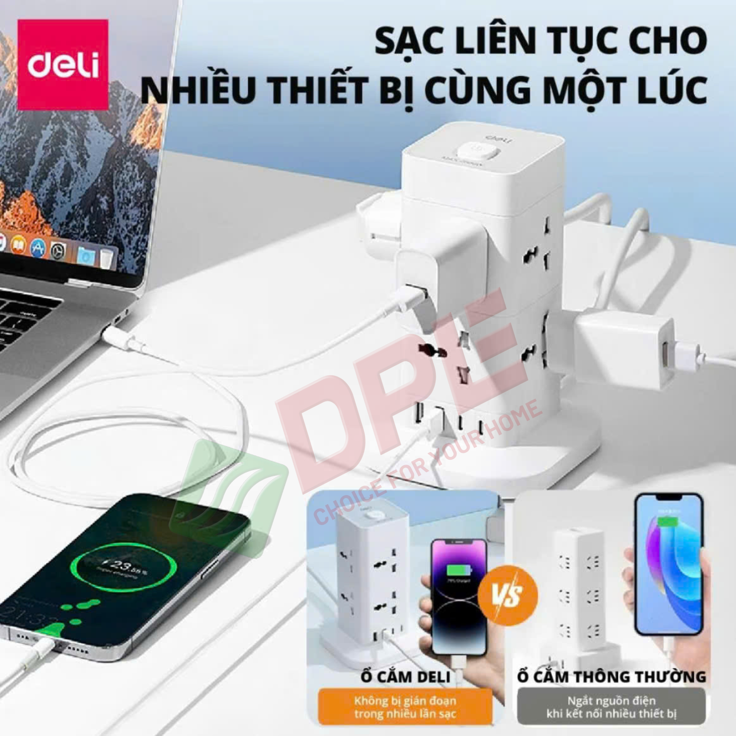 Ổ cắm trụ lập phương 8 c&ocirc;ng tắc 1 nguồn 2 USB 2 TypeC d&acirc;y 3m - M&agrave;u Trắng