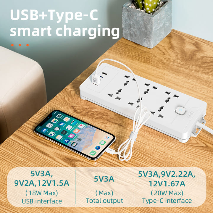 Ổ cắm điện 6 ổ, 2 USB, 2 TypeC, d&acirc;y 2m - M&agrave;u Trắng