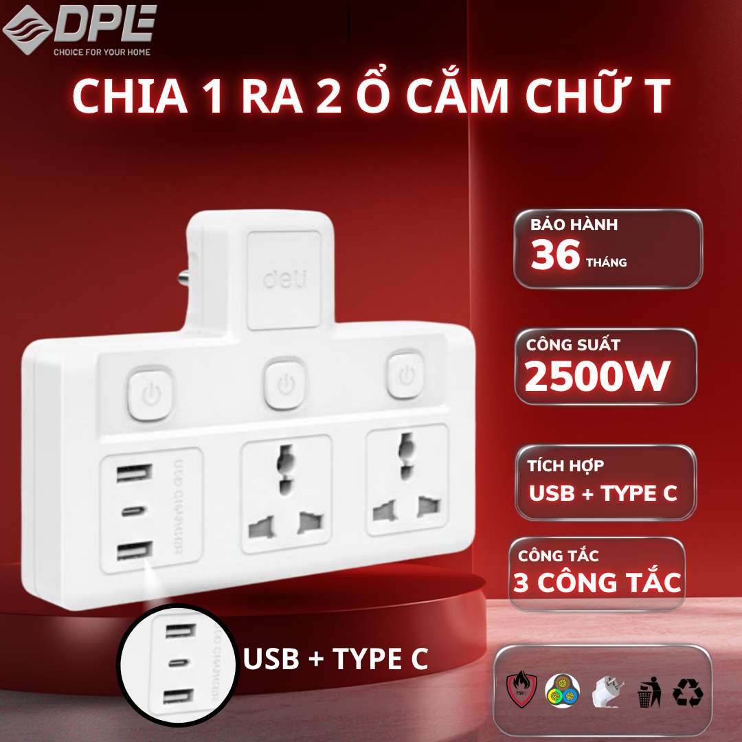 Ổ cắm điện chữ T 2 c&ocirc;ng tắc, 2 USB, 1 TypeC 20W