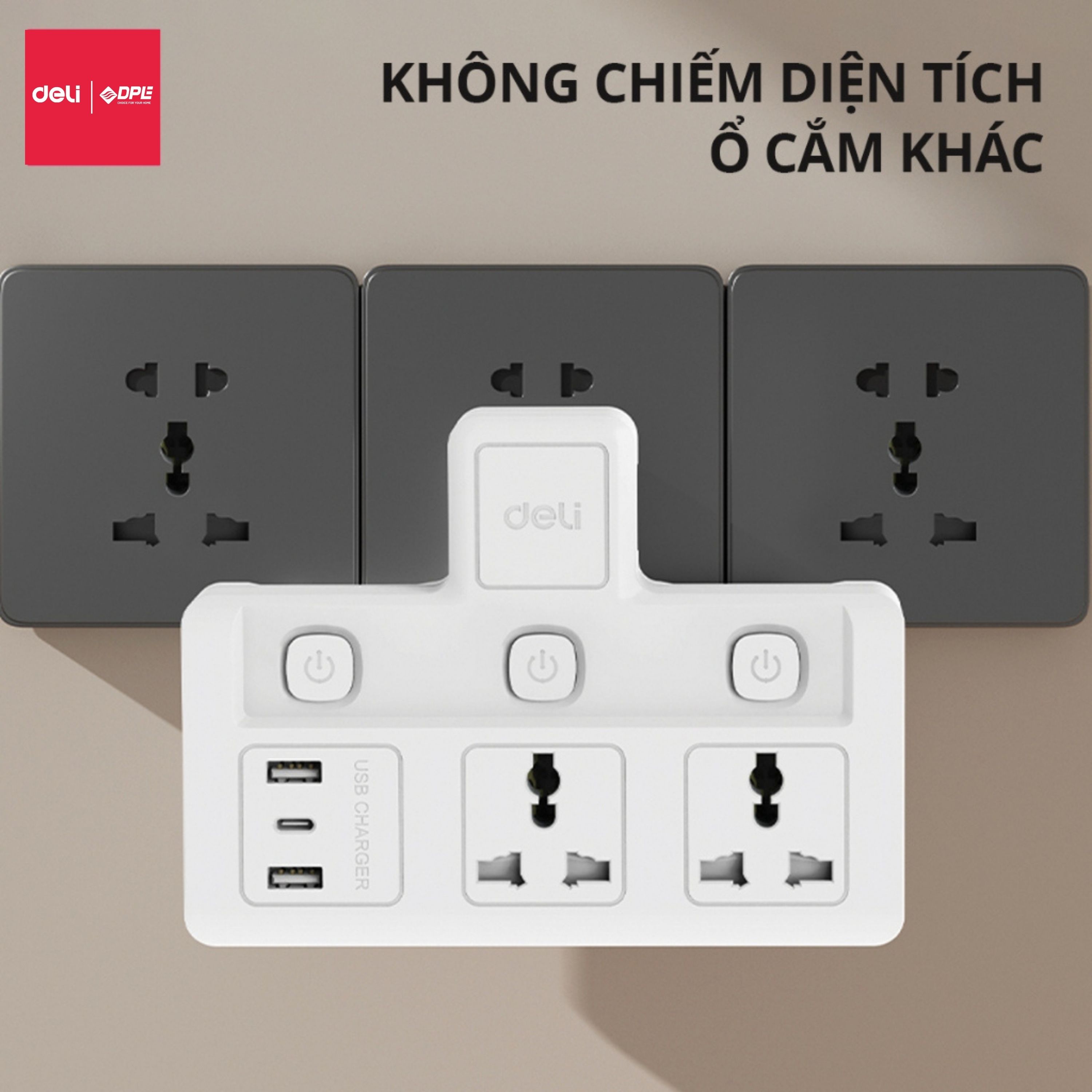 Ổ cắm điện chữ T 2 c&ocirc;ng tắc, 2 USB, 1 TypeC 20W