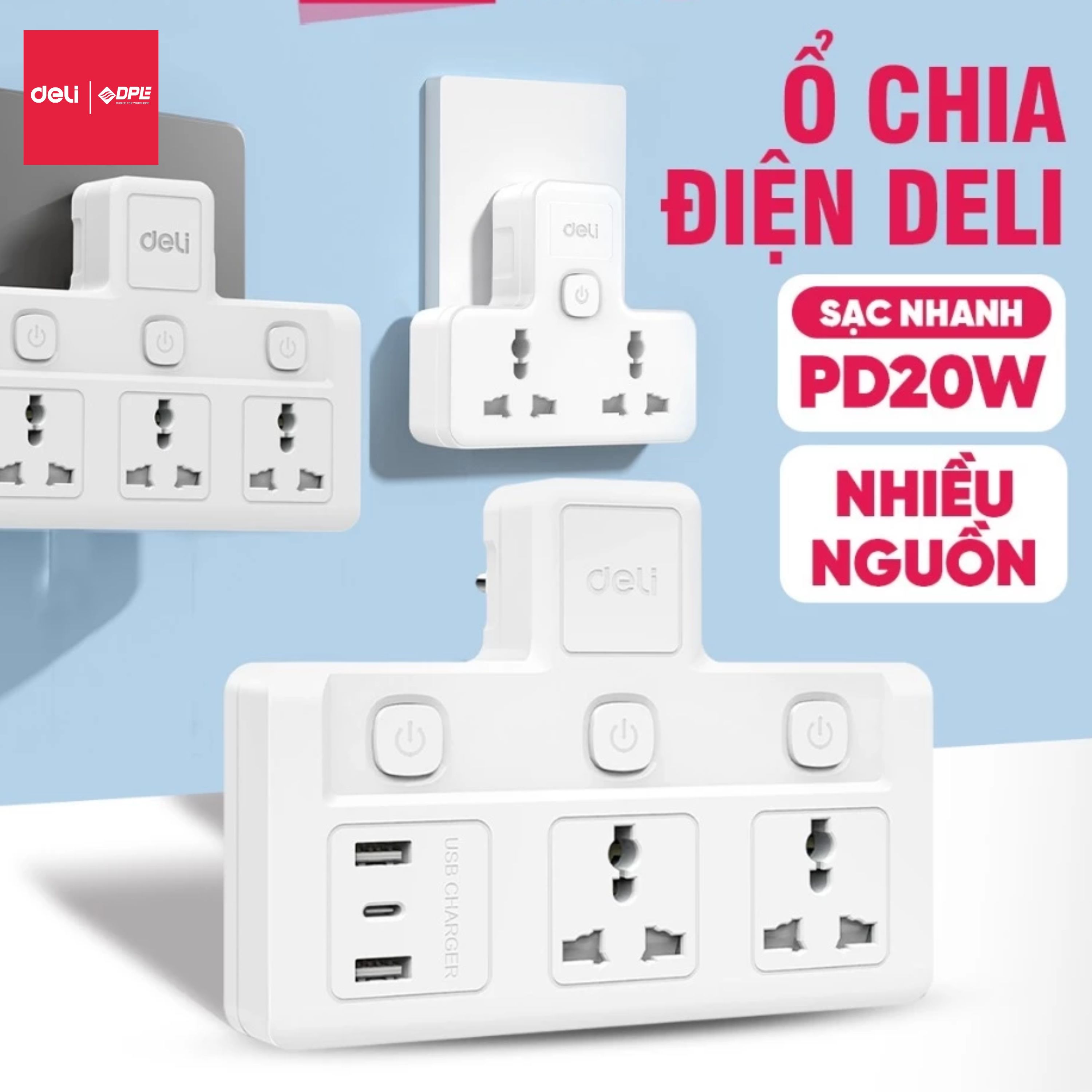 Ổ cắm điện chữ T 2 c&ocirc;ng tắc, 2 USB, 1 TypeC 20W