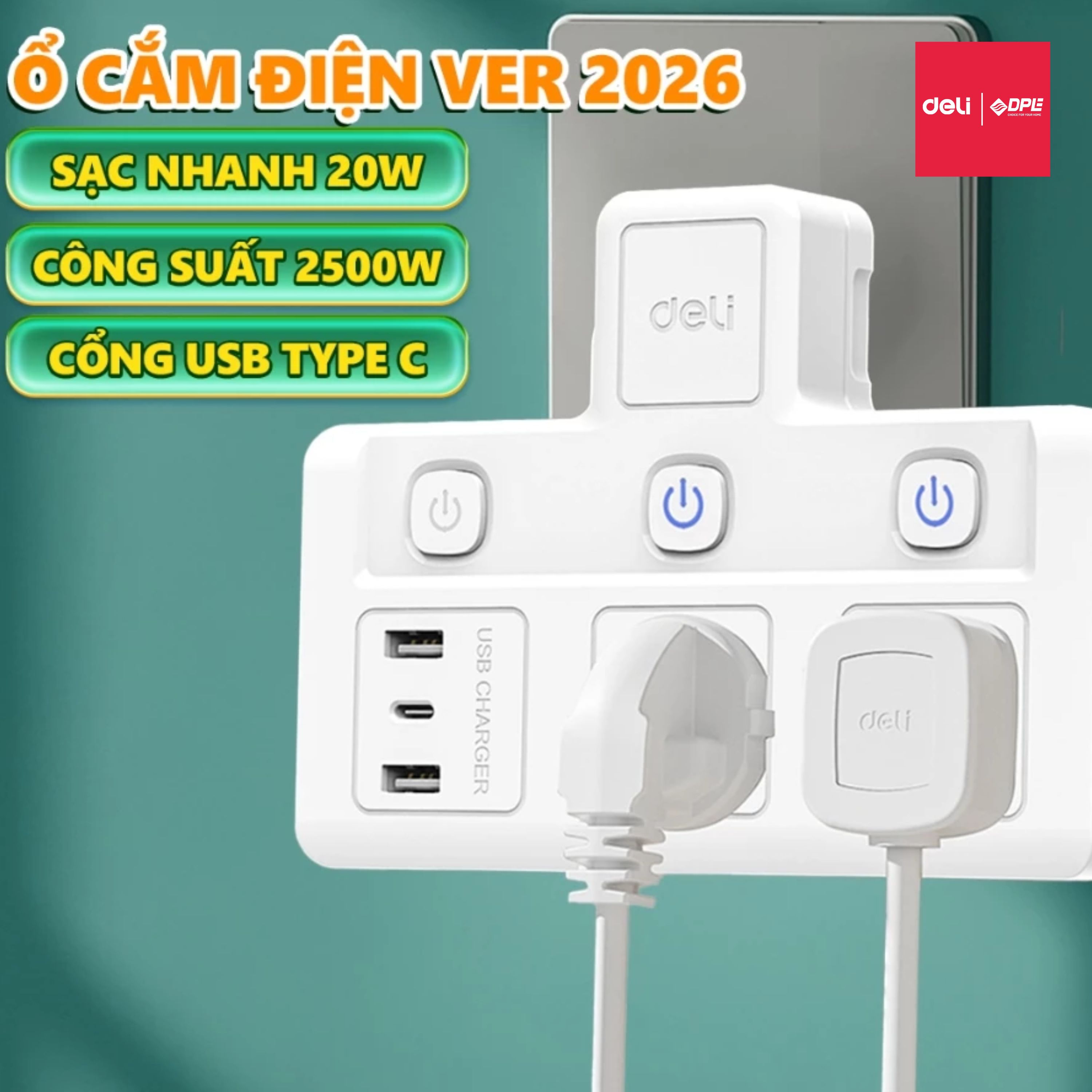 Ổ cắm điện chữ T 2 c&ocirc;ng tắc, 2 USB, 1 TypeC 20W