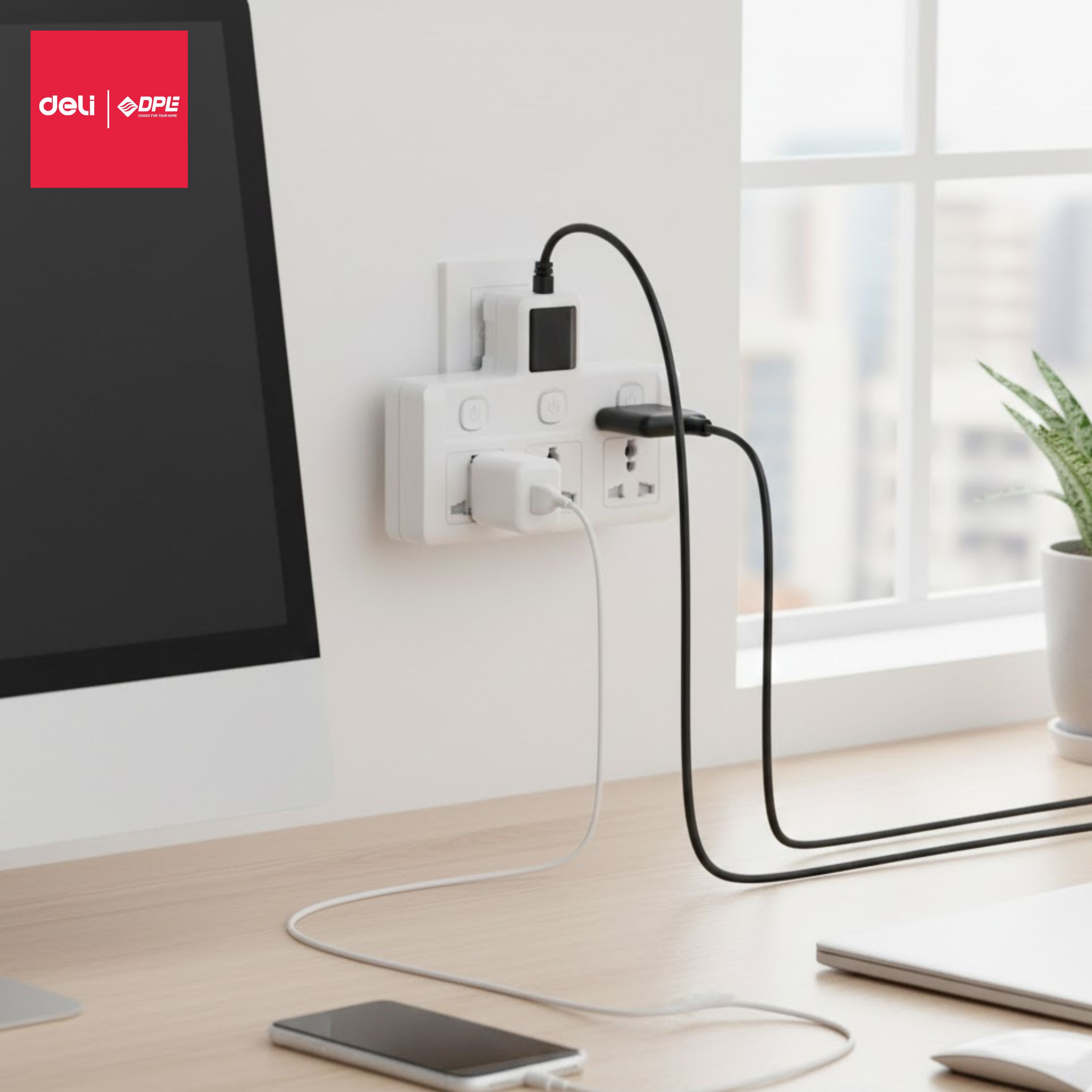 Ổ cắm điện chữ T 2 c&ocirc;ng tắc, 2 USB, 1 TypeC 20W