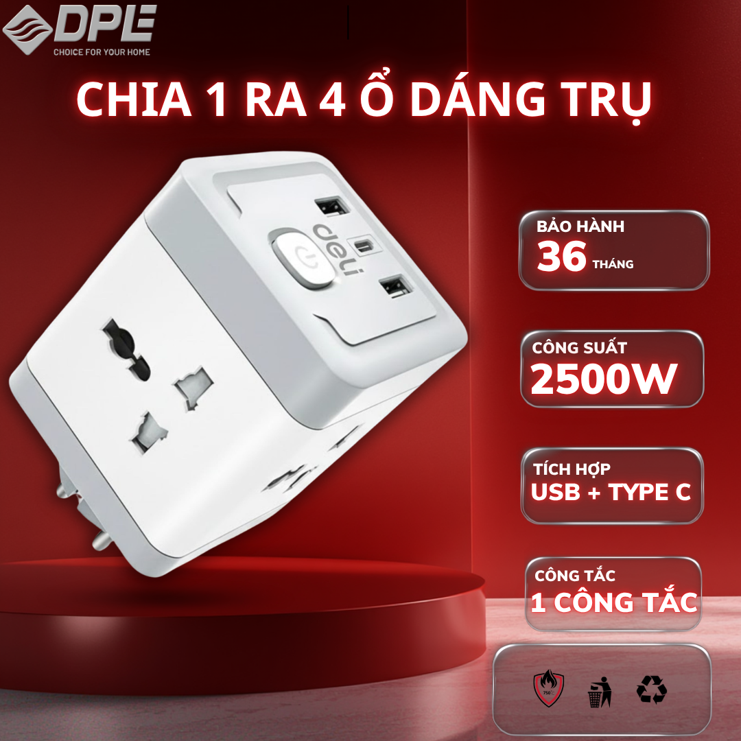 Ổ chia điện 1 ra 4 h&igrave;nh vu&ocirc;ng t&iacute;ch hợp USB v&agrave; TypeC
