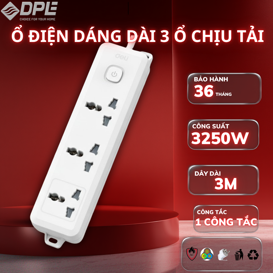 Ổ cắm điện 3 c&ocirc;ng tắc 1 nguồn d&acirc;y d&agrave;i 3m c&ocirc;ng suất 3250W - M&agrave;u trắng