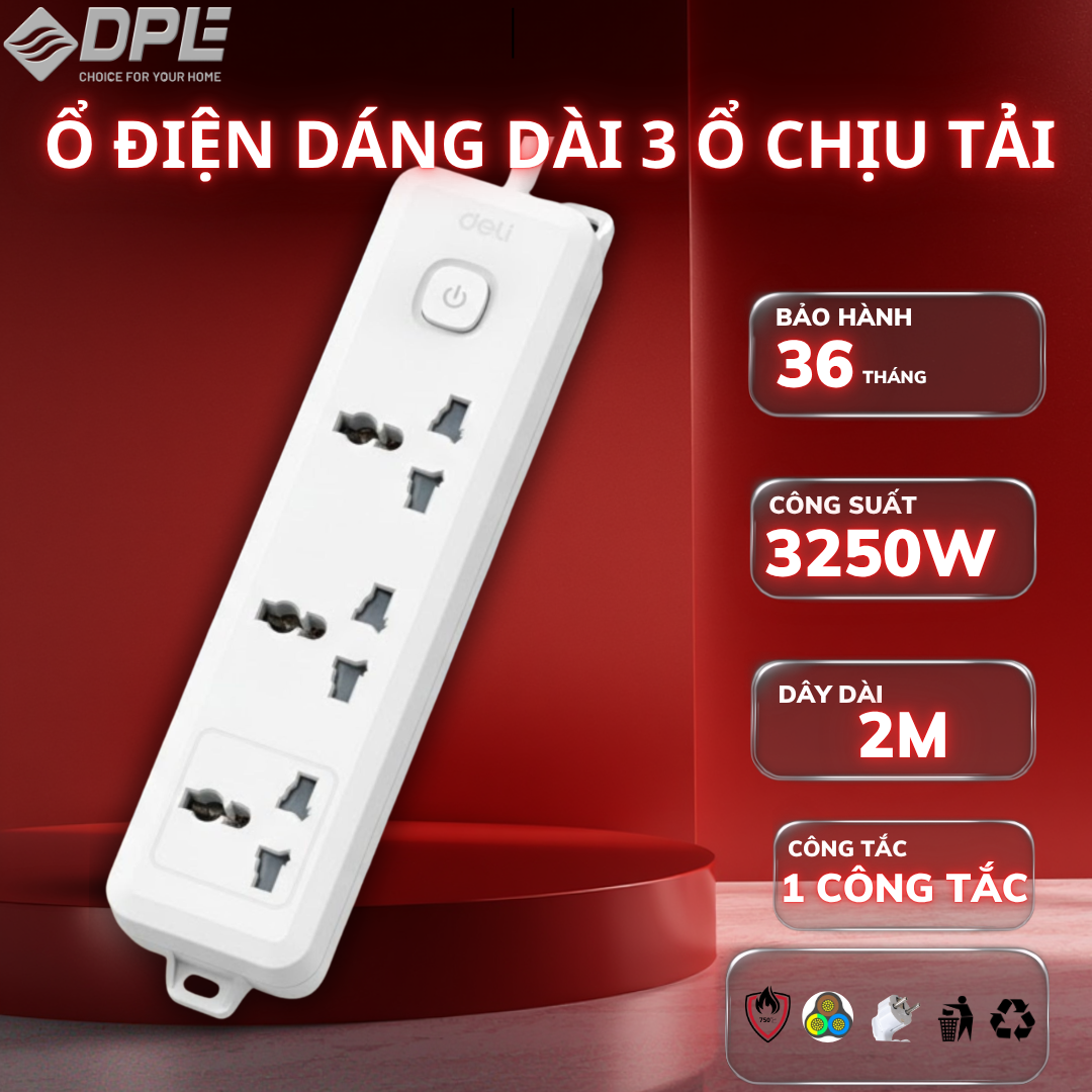 &Ocirc; cắm điện 3 c&ocirc;ng tắc 1 nguồn d&acirc;y 1,8m c&ocirc;ng suất 3250W - M&agrave;u trắng