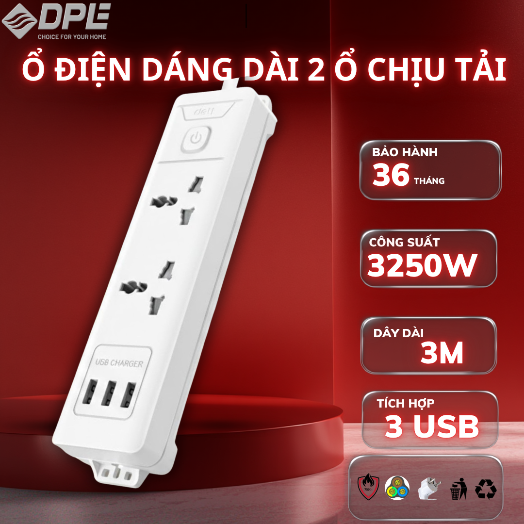 Ổ cắm điện 2 c&ocirc;ng tắc 3 USB d&acirc;y 3m C&ocirc;ng Suất 3250W - M&agrave;u Trắng