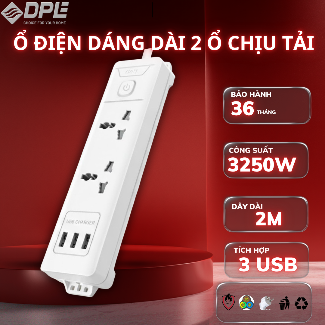 Ổ cắm điện 2 c&ocirc;ng tắc 3 USB d&acirc;y 2m C&ocirc;ng Suất 3250W - M&agrave;u Trắng
