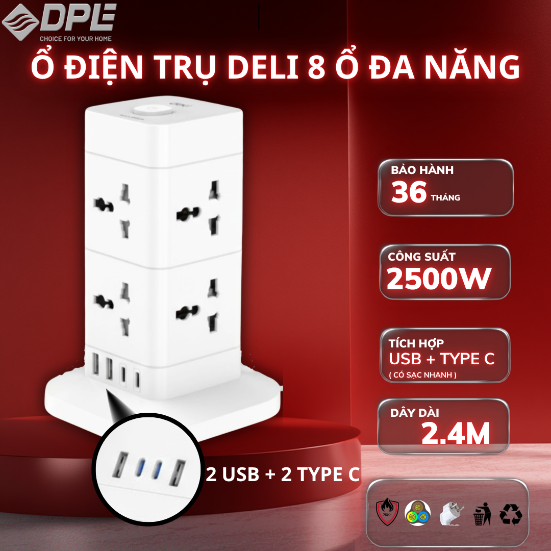Ổ cắm trụ lập phương 8 c&ocirc;ng tắc 1 nguồn 2 USB 2 TypeC d&acirc;y 3m - M&agrave;u Trắng