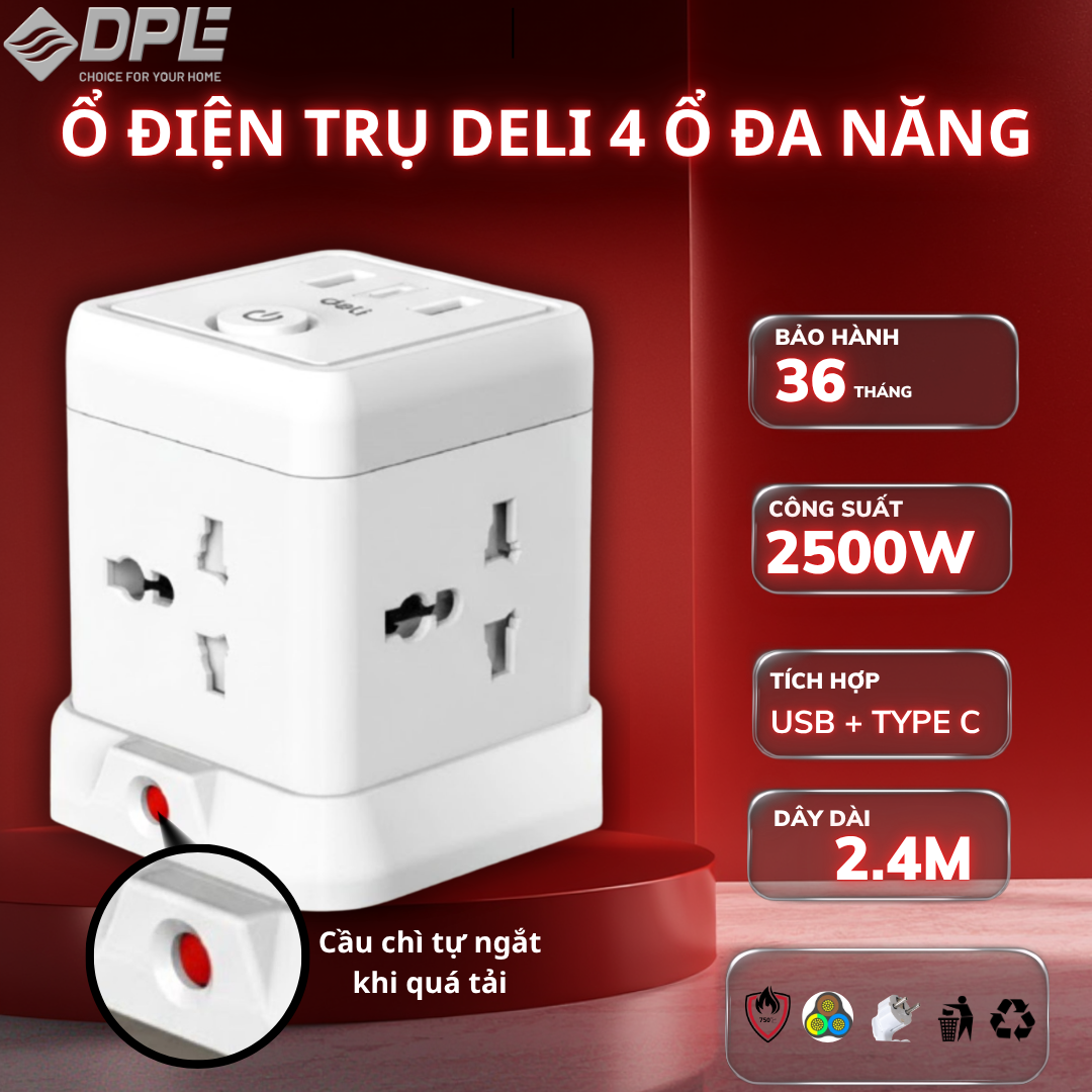 Ổ cắm trụ lập phương 4 c&ocirc;ng tắc 1 nguồn 2 USB 1 TypeC d&acirc;y 2,4m - M&agrave;u Trắng