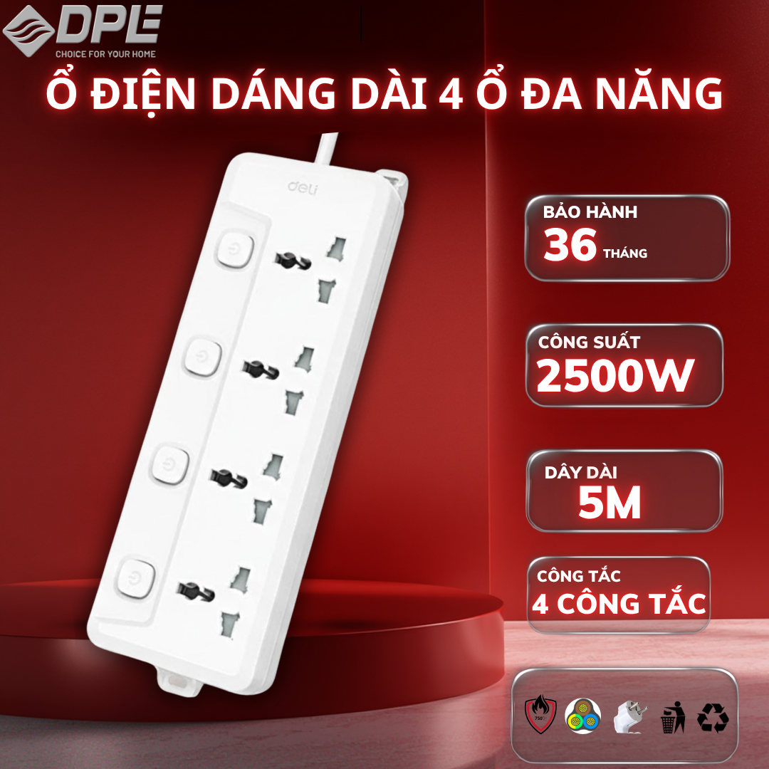 Ổ cắm điện 4 c&ocirc;ng tắc 4 nguồn ri&ecirc;ng d&acirc;y 5m - M&agrave;u trắng