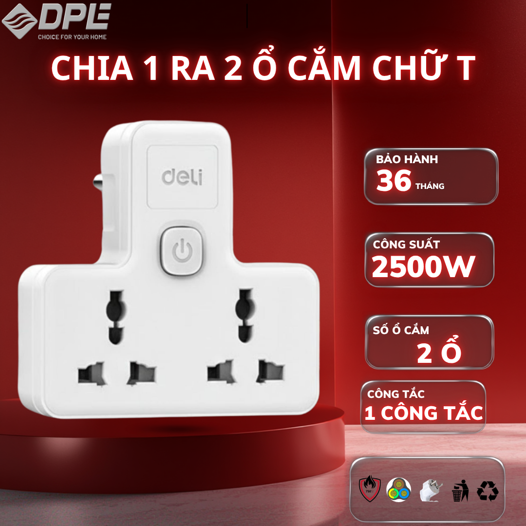 &Ocirc; cắm chữ T 2 c&ocirc;ng tắc 1 nguồn