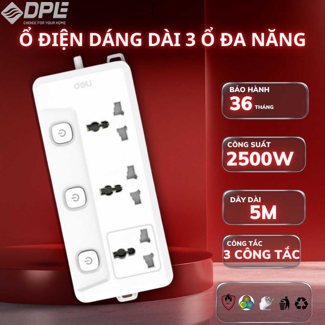 Ổ cắm điện 3 c&ocirc;ng tắc 3 nguồn ri&ecirc;ng d&acirc;y 5m - M&agrave;u trắng