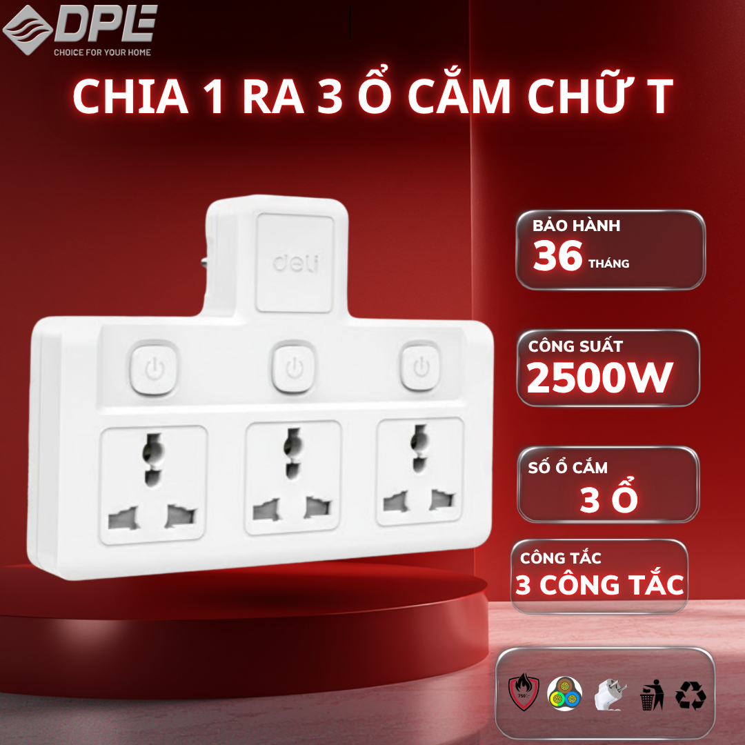 &Ocirc; cắm điện chữ T 3 c&ocirc;ng tắc 1 nguồn