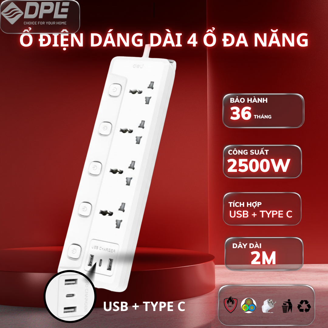 Ổ cắm điện 4 c&ocirc;ng tắc, 2 USB, 1 TypeC 2.1A - M&agrave;u Trắng